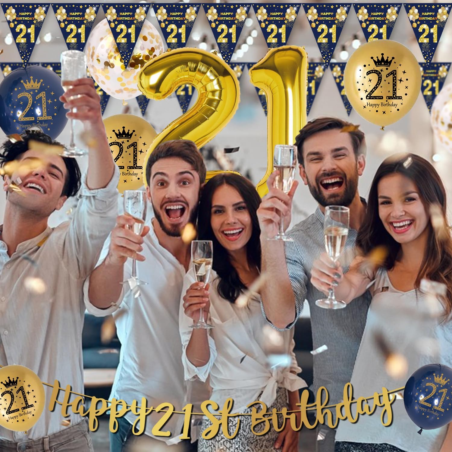 Thumbnail 3 de 21st Birthday Decorations for Men (Blue & Gold) – Banner, Foil Balloon, Confetti Balloons & More