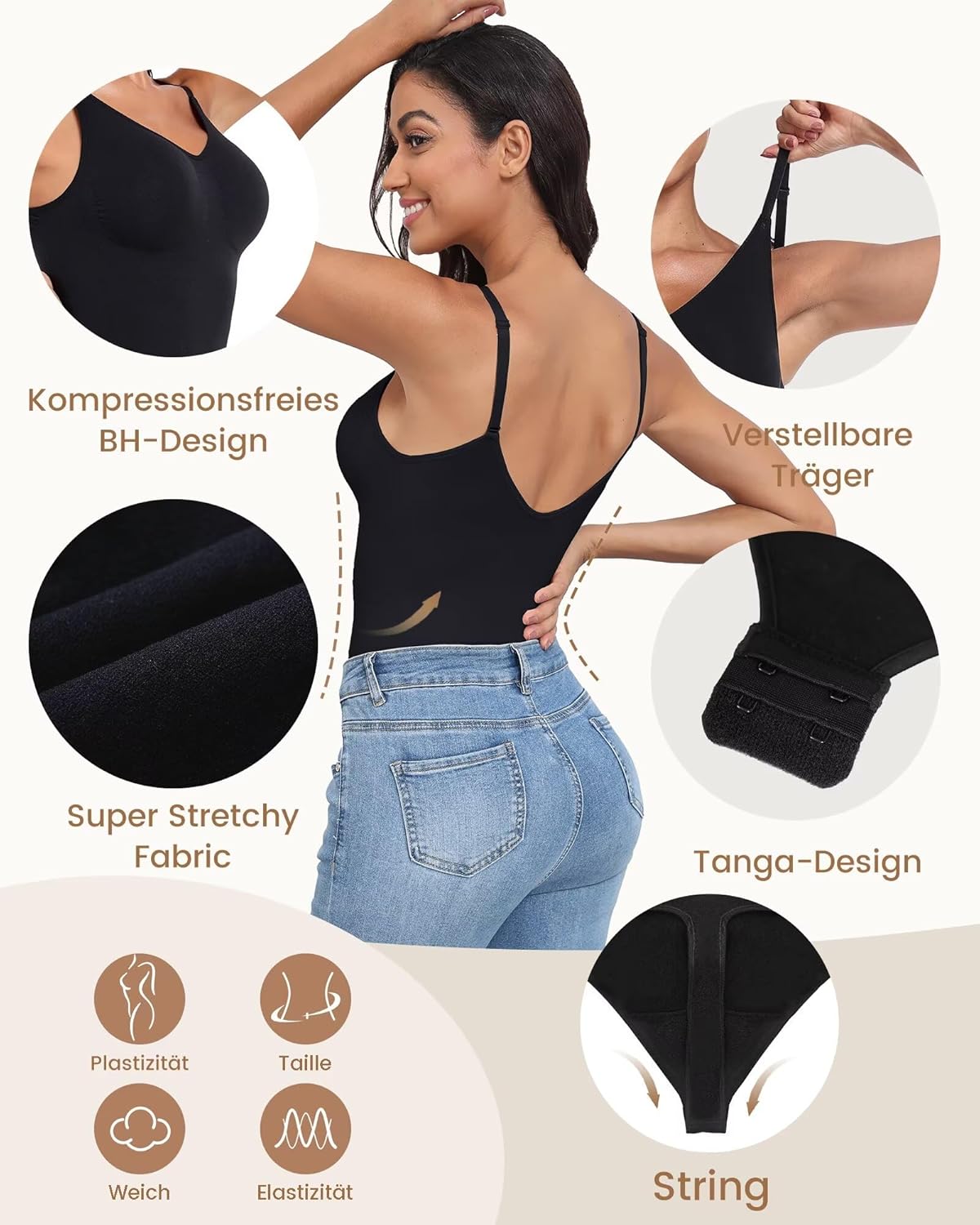 Thumbnail 1 de Missluck Shapewear Damen Body shaping Bauchweg Elegant Shaper Bodysuit mit Verstellbarer Schultergurt