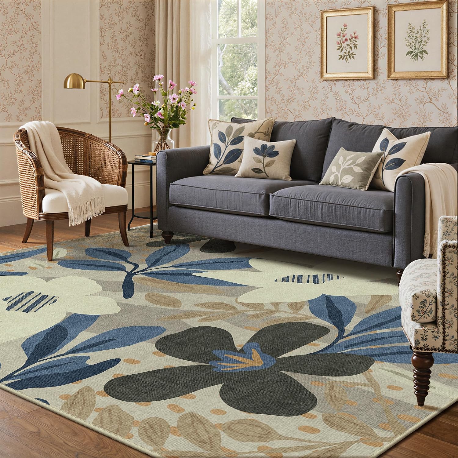 Detalle de GENIMO 5 x 8 Outdoor Rug, Washable Floral Rug in Navy and Cream