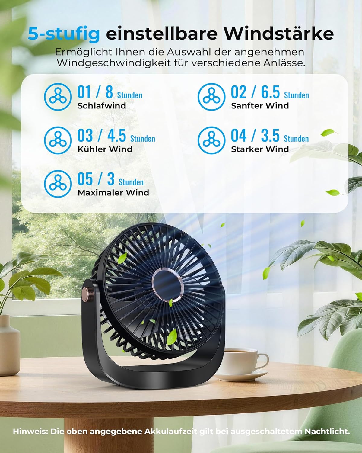 Thumbnail 3 de AICPAN Ventilator Leise – Tischventilator mit Nachtlicht, wiederaufladbar (3000 mAh), 5 Stufen, 360° neigbar, schwarz