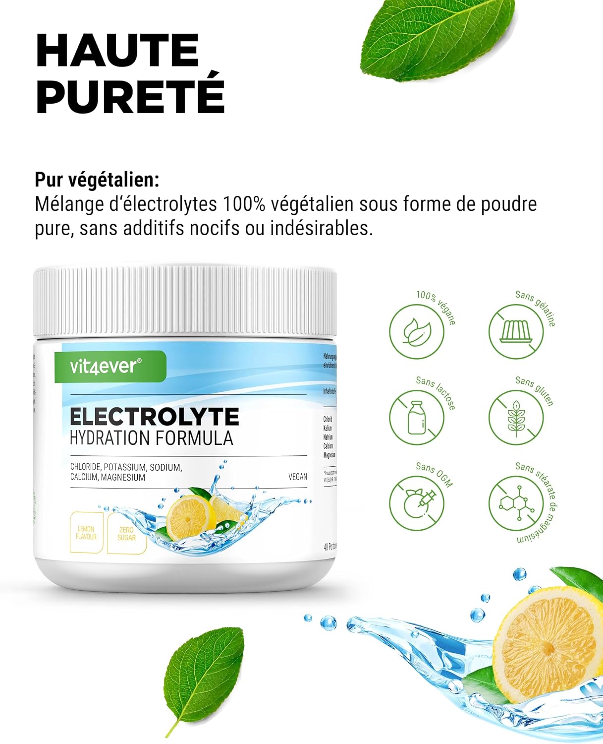 Detalle de Electrolytes 200 g (40 portions) – Hydratation sans sucre au citron, chlorure/potassium/sodium/calcium/magnésium