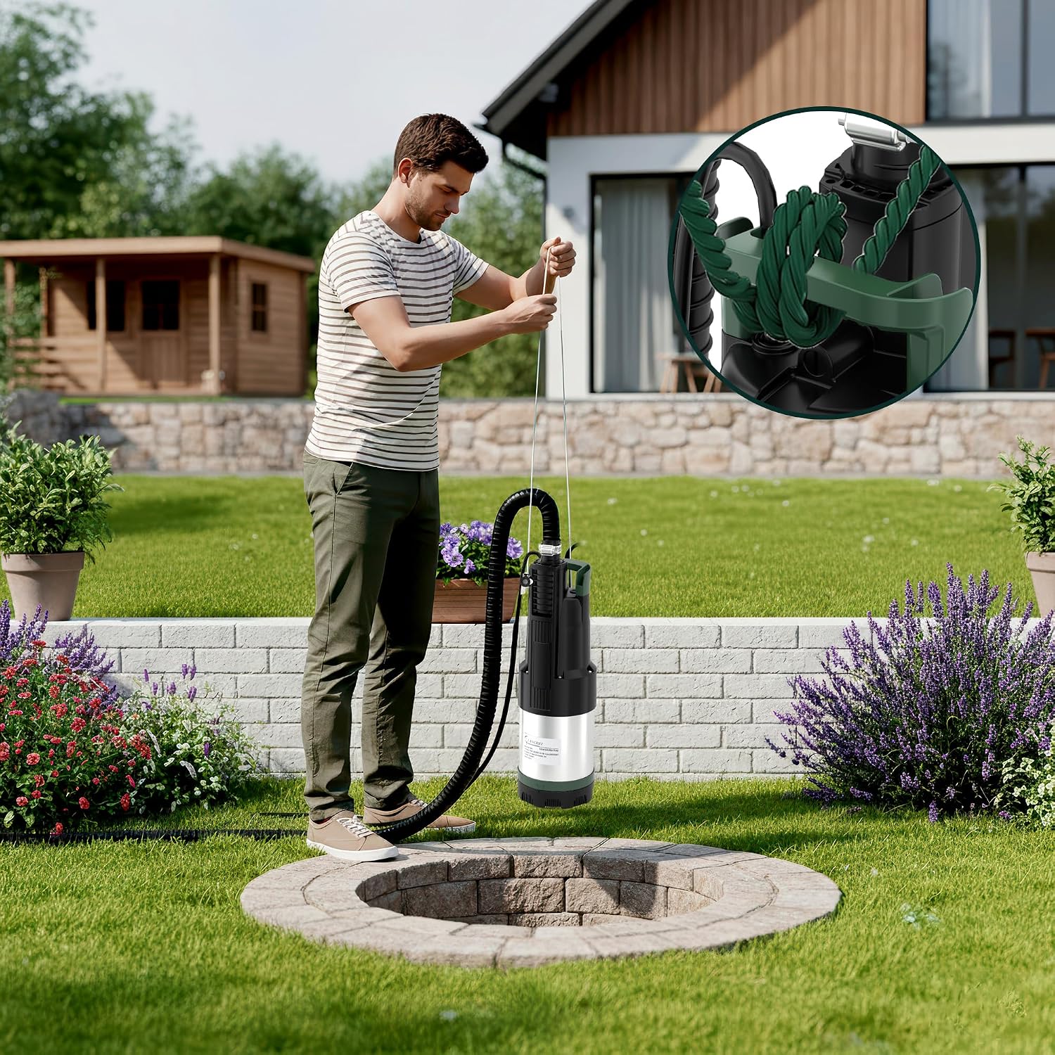 Detalle 2 de LANCHEZ Tauch-Druckpumpe 3 inox – 800 W, 6.300 l/h, 37 m Förderhöhe, IPX8, inklusive Seilset