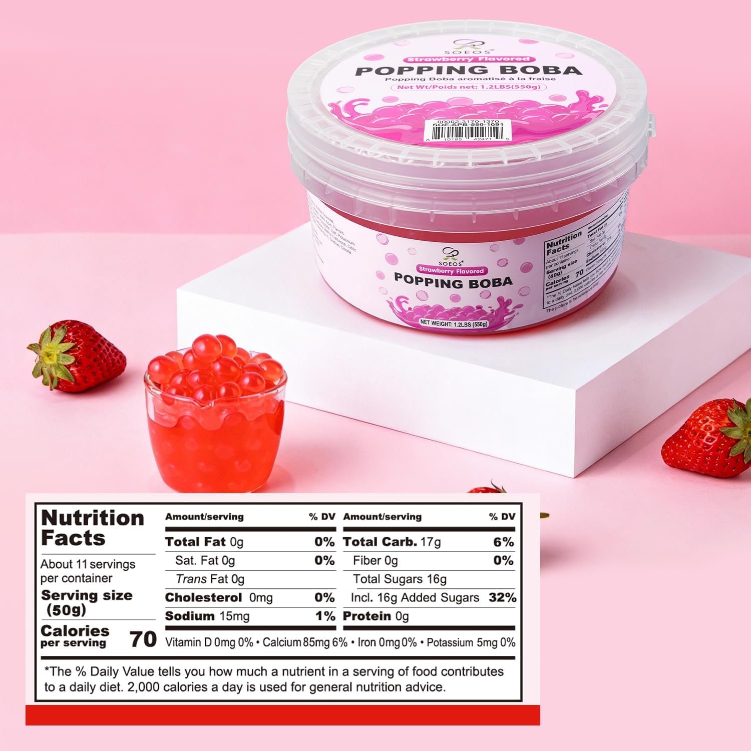 Detalle 2 de Soeos Strawberry Popping Boba, 550g Bursting Pearls for Drinks and Desserts