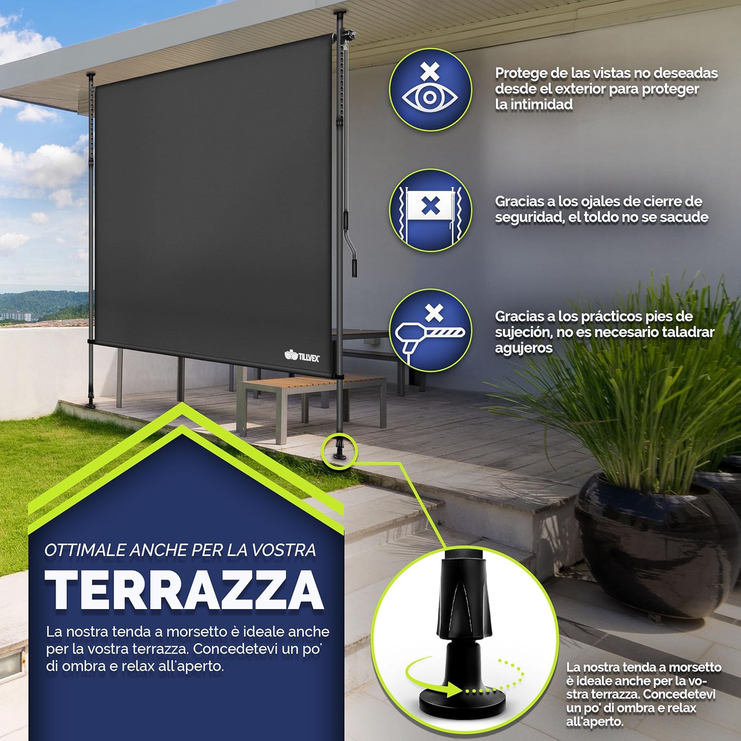 Thumbnail 3 de tillvex® Tenda da sole verticale esterna 150 x 310 cm Anthracite con manovella – senza fori, frangivista, allungabile e opaca