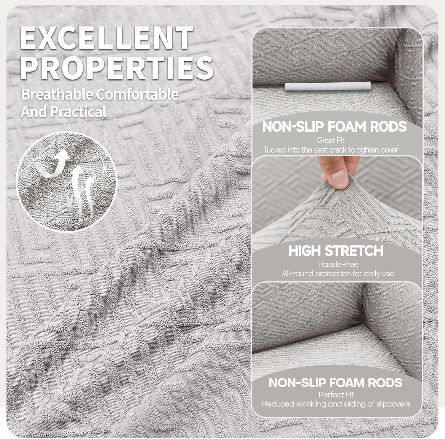 Detalle 2 de YSTELLAA Copridivano 4 posti con braccioli elasticizzato jacquard grigio silver