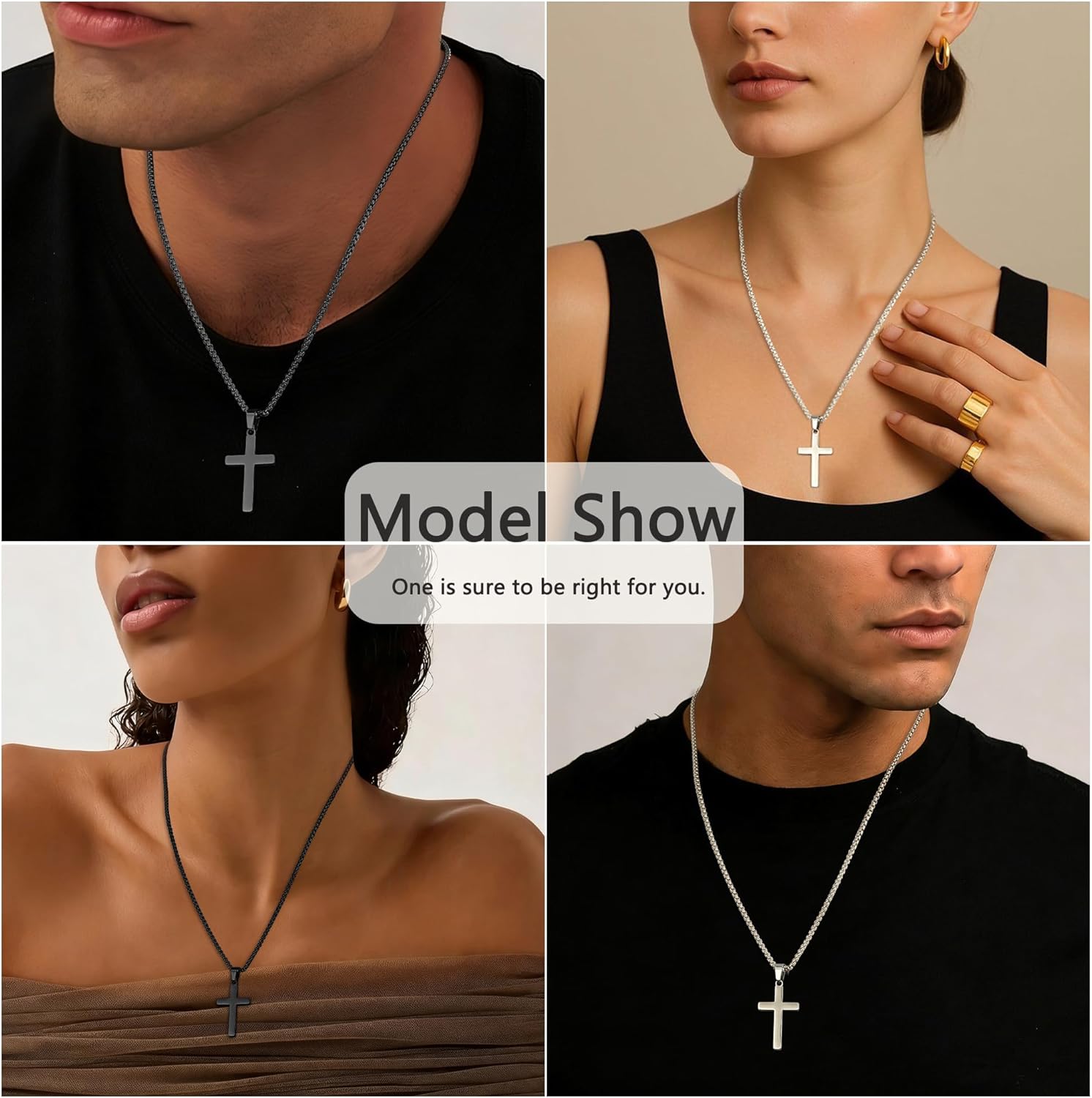 Thumbnail 4 de Esrael 2-Pack 316L Stainless Steel Cross Chain Necklaces (Silver & Black)