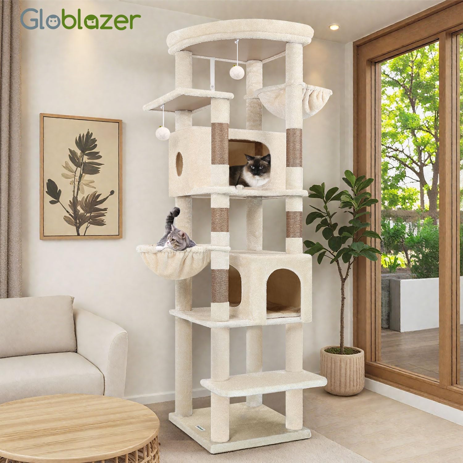 Thumbnail 6 de Globlazer Kratzbaum Beige XXL mit 2 extragroßen Katzenhäusern – kippsicher, für große Katzen