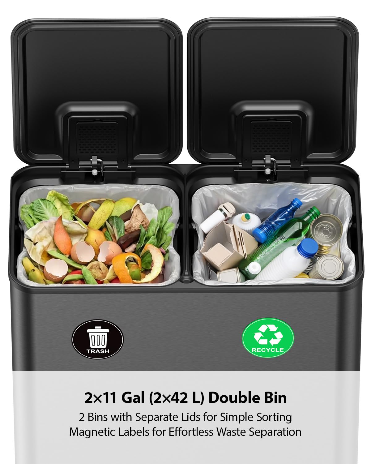 Thumbnail 2 de Lovewind Dual-Compartment Trash Can, 22-Gallon Stainless Steel, Quiet-Close, Black