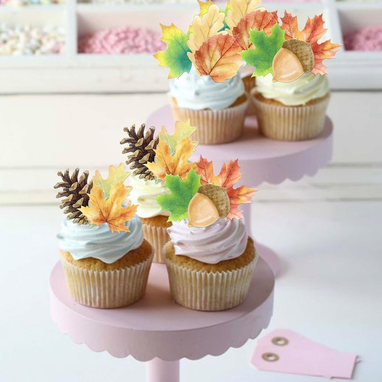 Detalle 2 de Xsstarmi 63 Pack Autumn Edible Cupcake Toppers – Rice Paper Fall Leaves & Pine Cone Picks
