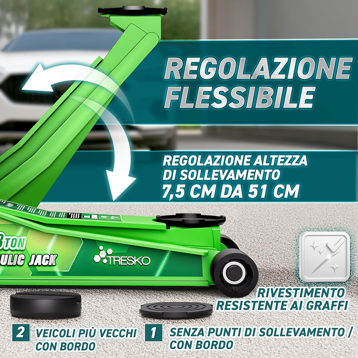 Thumbnail 6 de TRESKO Cric idraulico 3T con doppio pistone, sollevamento 75–510 mm e ruote a 360°