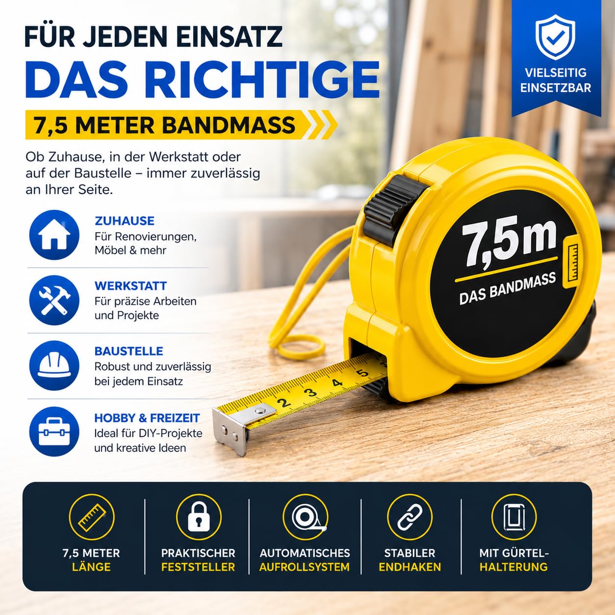 Thumbnail 2 de Bandmaß 7,5 Meter mit Halterung – robustes Rollmaßband für präzises Messen