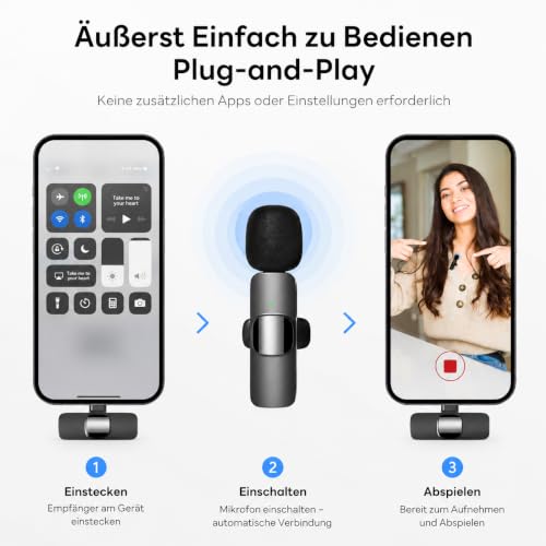 Detalle 2 de Qhot Kabelloses Lavalier Mikrofon für iPhone & Android – DSP-Rauschunterdrückung, 2,4-GHz, USB-C & Lightning