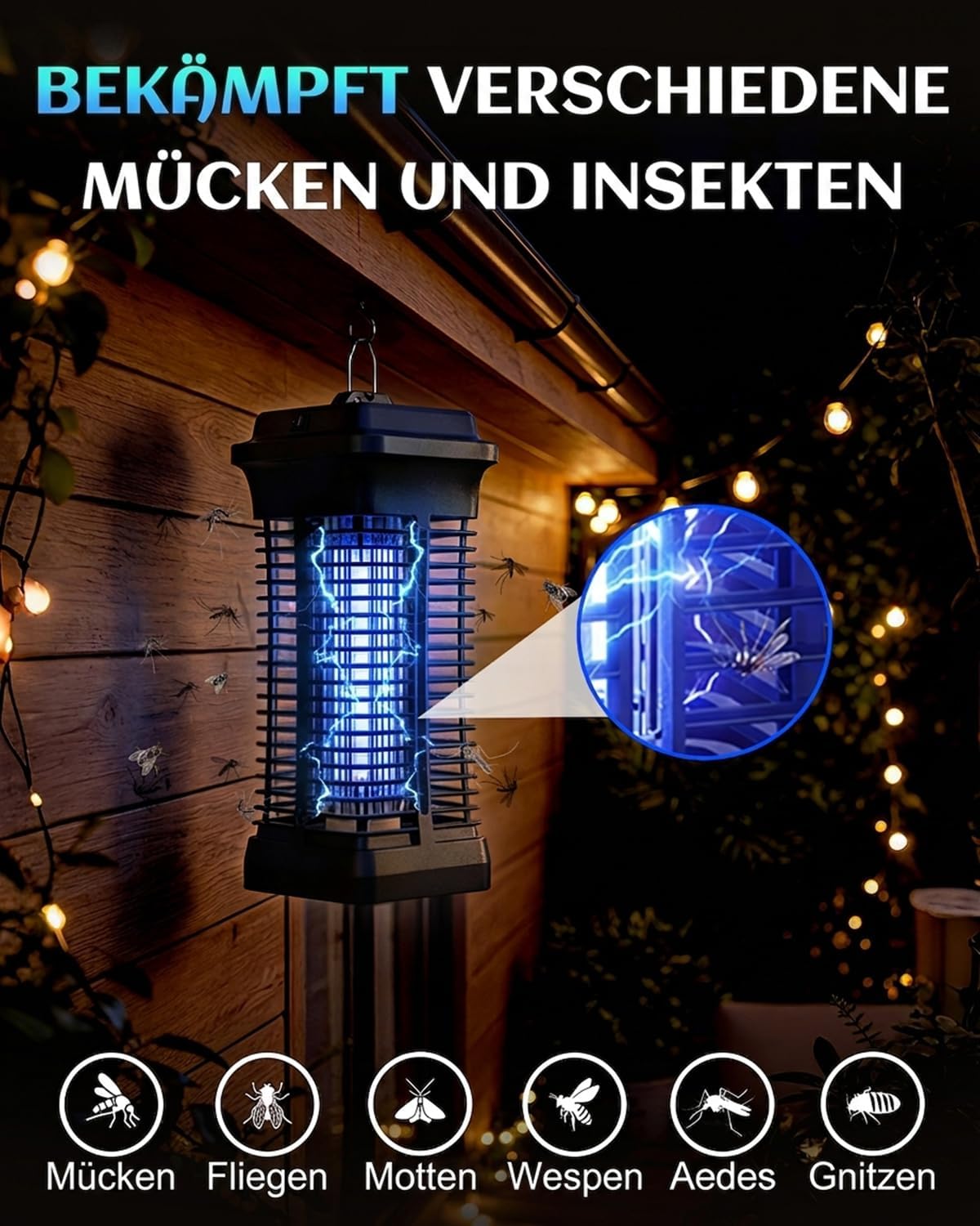 Detalle 2 de Molxss Insektenvernichter Elektrisch 4200V – Innen & Außen, UV Mückenlampe, IPX4