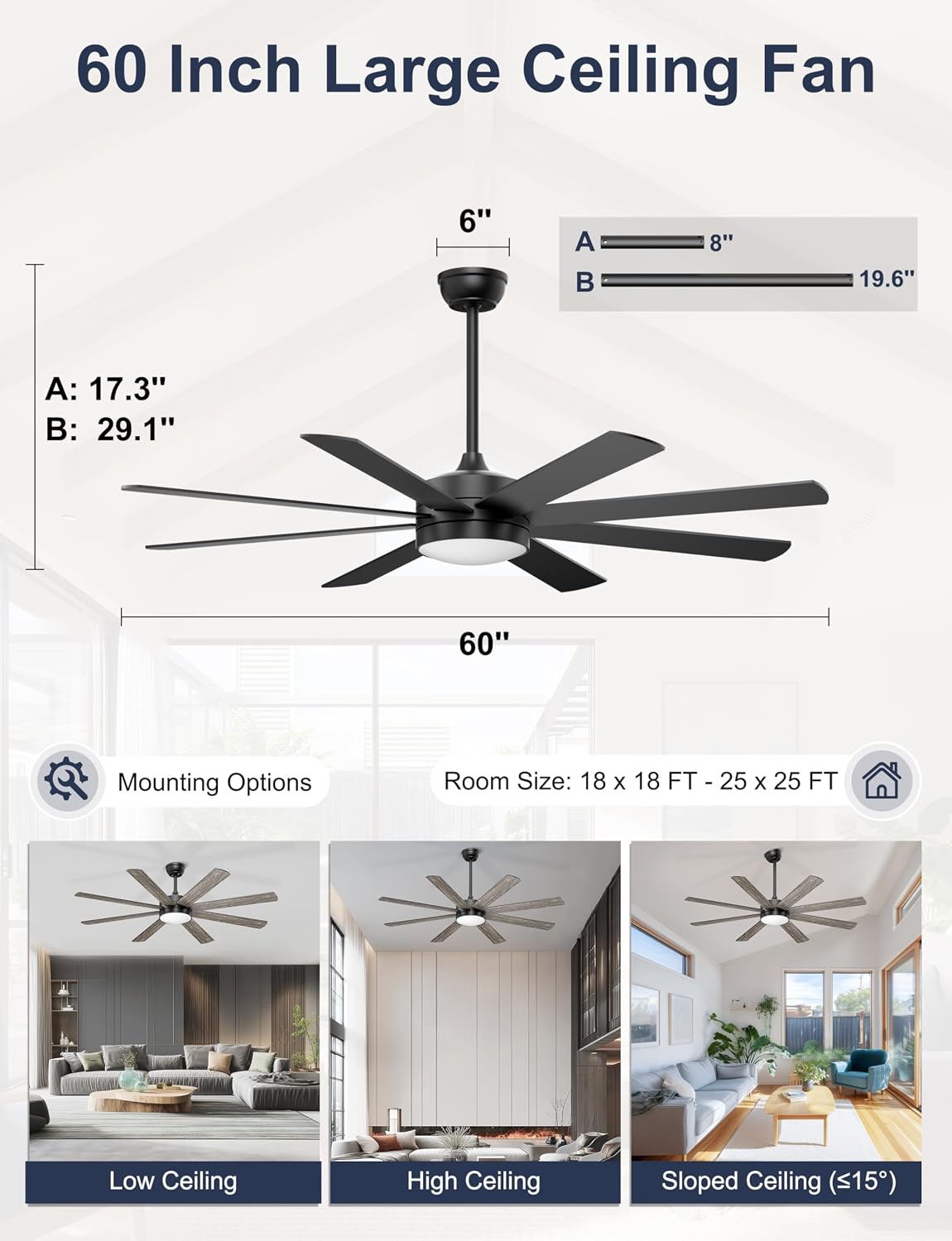 Detalle de Phylluz ZS106 60-Inch Ceiling Fan with Light, 8 Blades and App Control