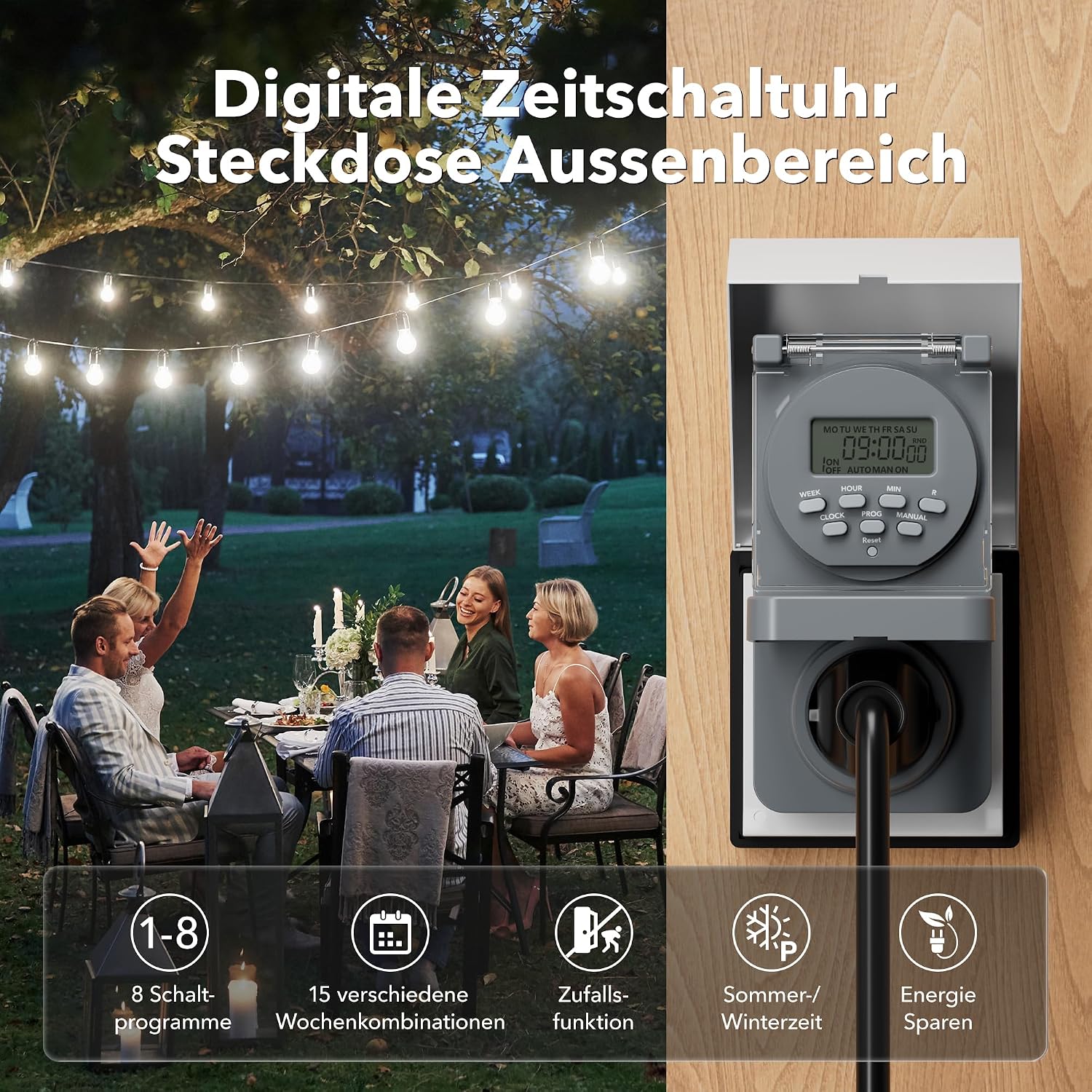 Detalle 2 de HBN 2er Digitale Zeitschaltuhr Steckdose Aussen IP44 – 8 Programme, Zufallsfunktion & Backup-Akku