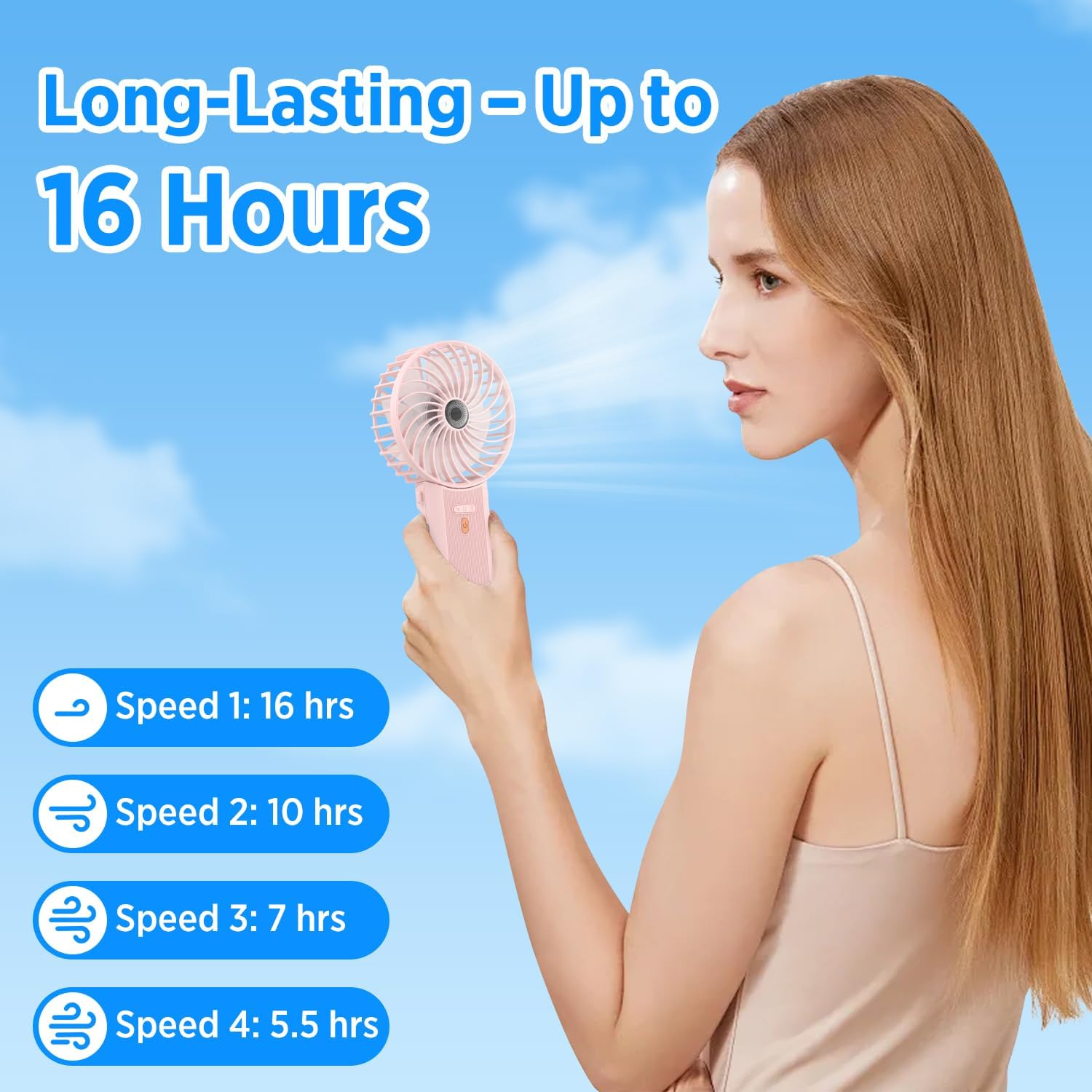Detalle de Lepwings Portable Mini Handheld Fan – 16-Hour USB Rechargeable Neck Fan (Pink)