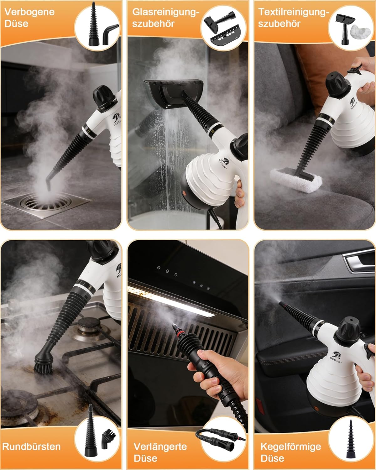 Detalle de MLMLANT Dampfreiniger – tragbar, 1050 W, 350 ml Fassungsvermögen, 10-teiliges Zubehörset