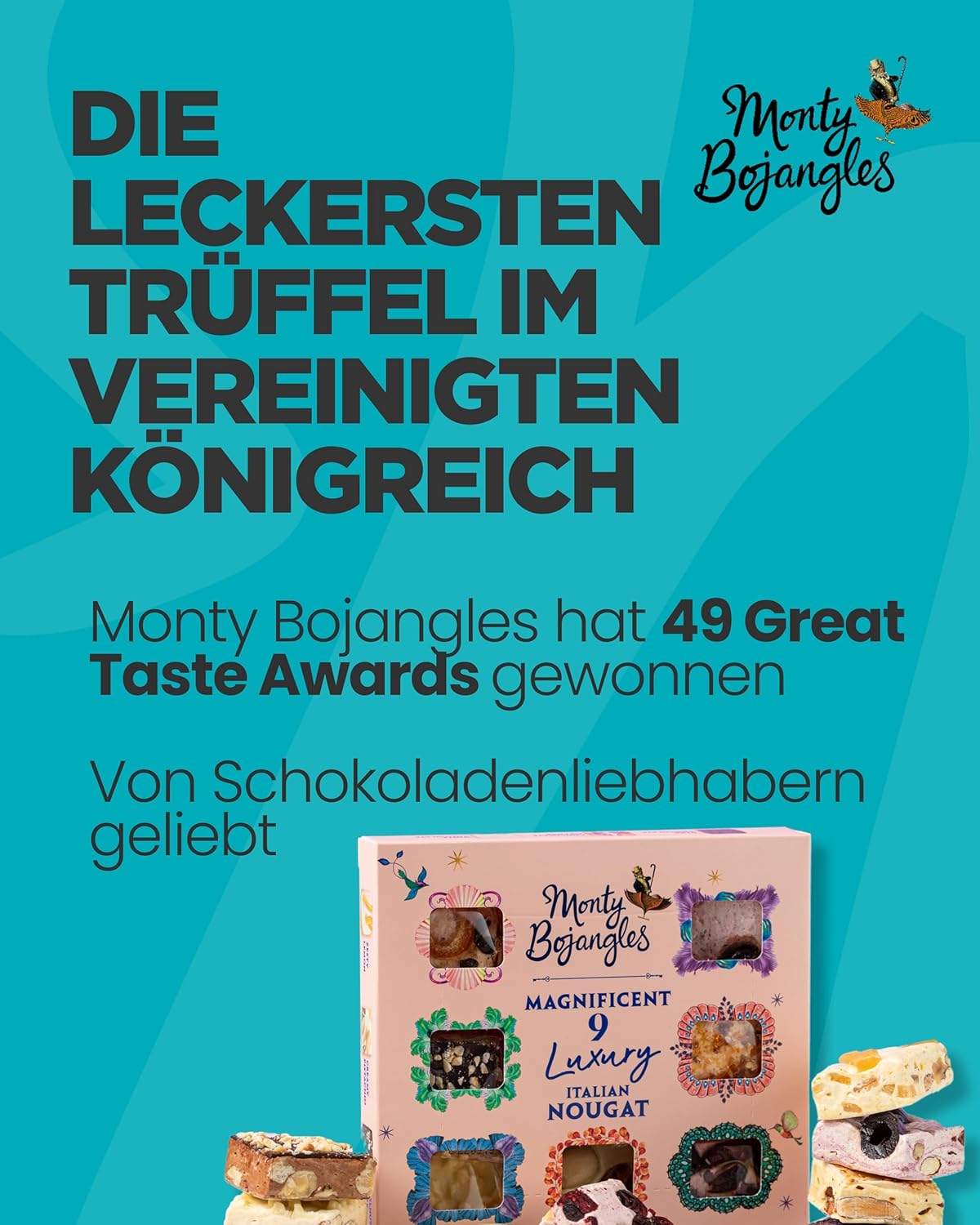 Detalle 2 de Monty Bojangles Magnificent Nougat Schokolade Geschenkset (9 Stück) mit 9 Sorten