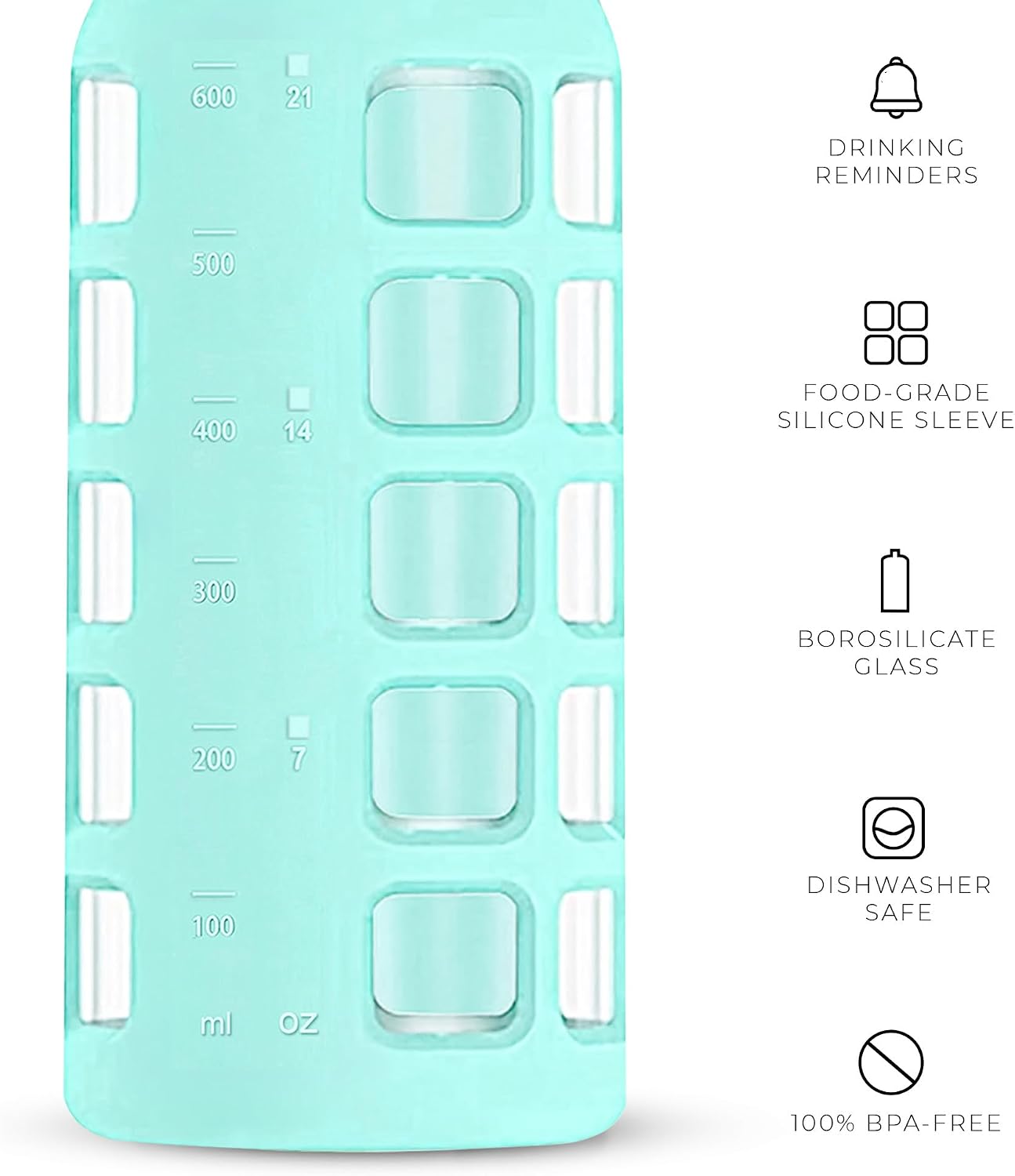 Detalle 2 de purifyou 22oz Glow Glass Water Bottle with Time Markings and Silicone Sleeve