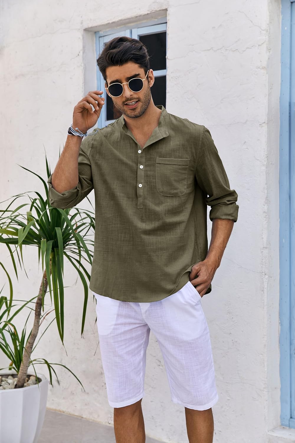 Thumbnail 1 de Runcati Herren Leinenhemd Langarm (70% Baumwolle, 30% Leinen) mit Henley-Kragen, Regular Fit