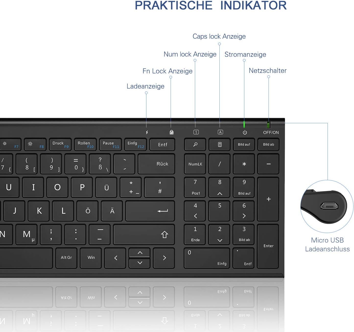 Detalle de seenda WGJP-031B Tastatur Maus Set Kabellos – ultraslimes Aluminiumgehäuse, 80%-Format mit vollem Nummernblock