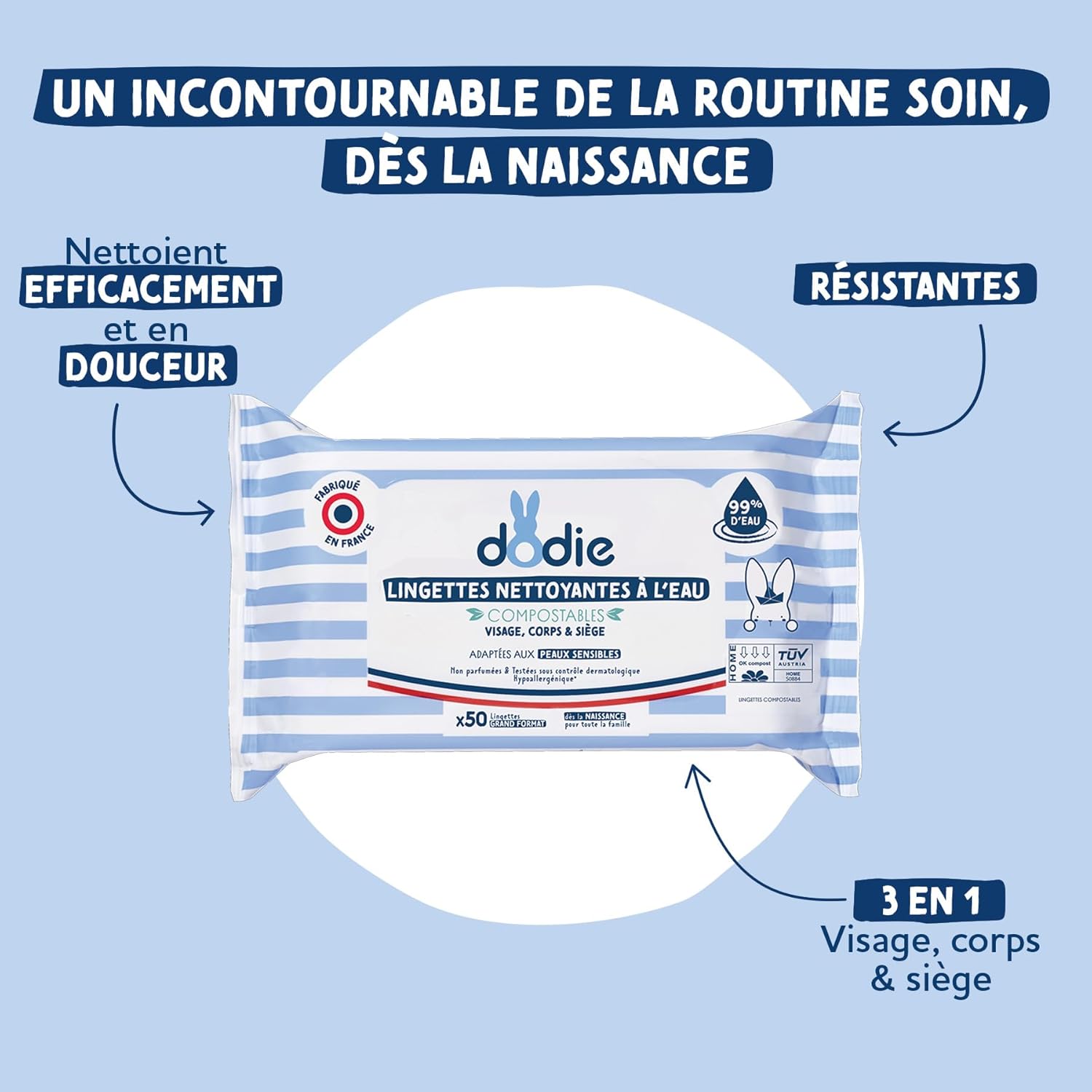 Detalle de Dodie – Lot de 8 paquets de lingettes compostables à l’eau (x50)