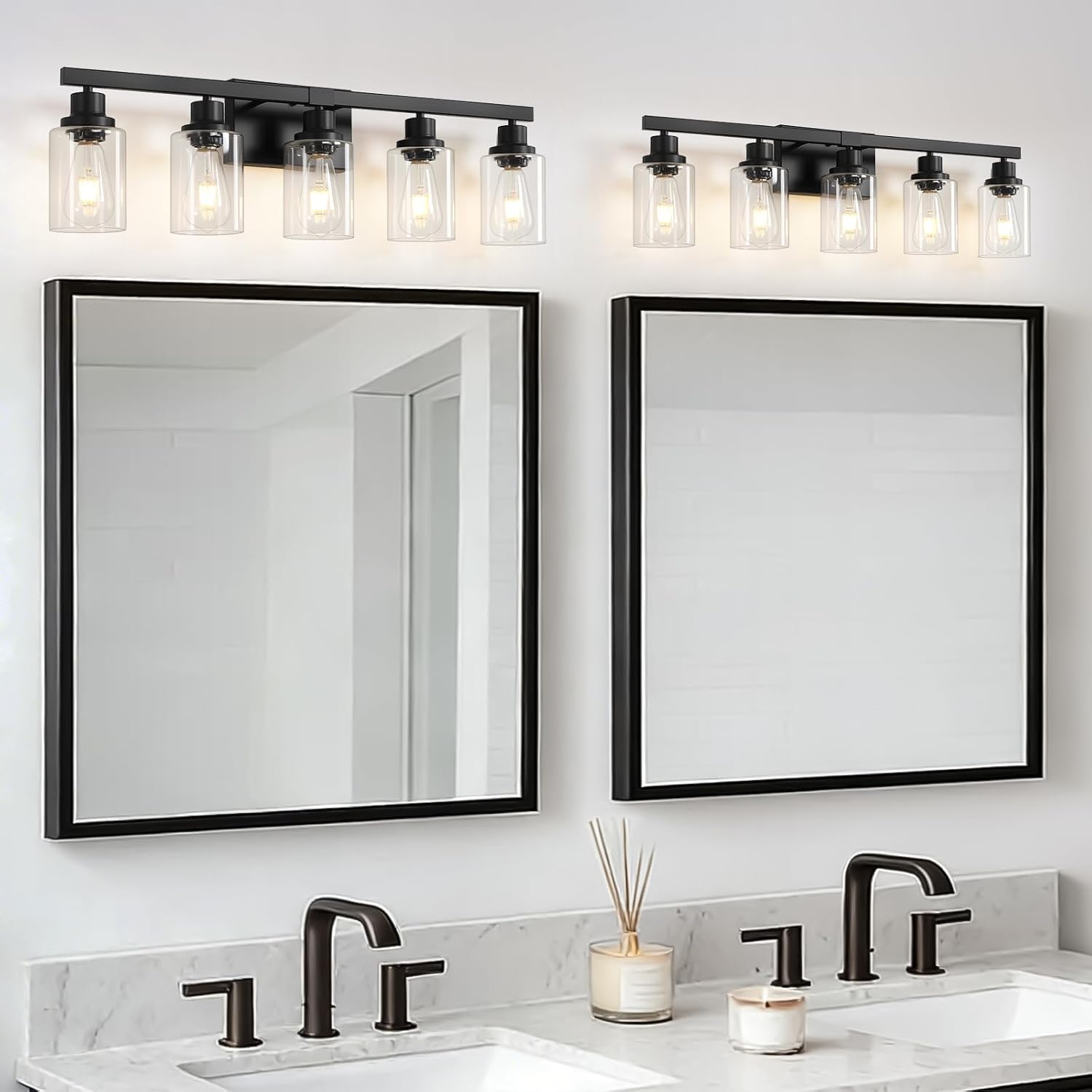 Detalle de DIKAIDA 5-Light Black Bathroom Vanity Light with Clear Glass Shades