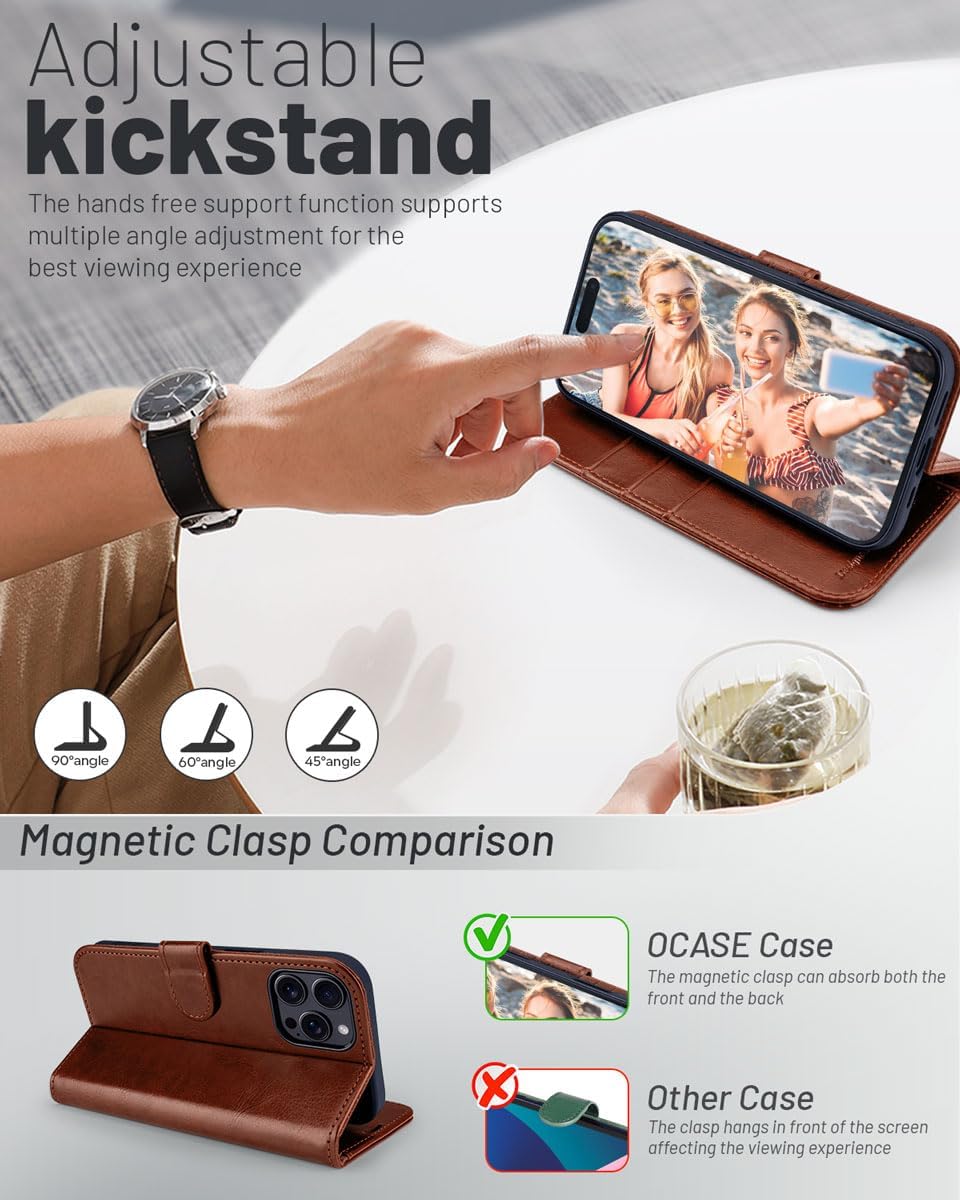 Thumbnail 3 de OCASE iPhone 16 Pro Max Hülle mit Kartenfach, Standfunktion und RFID-Schutz (PU-Leder, klassisch braun)