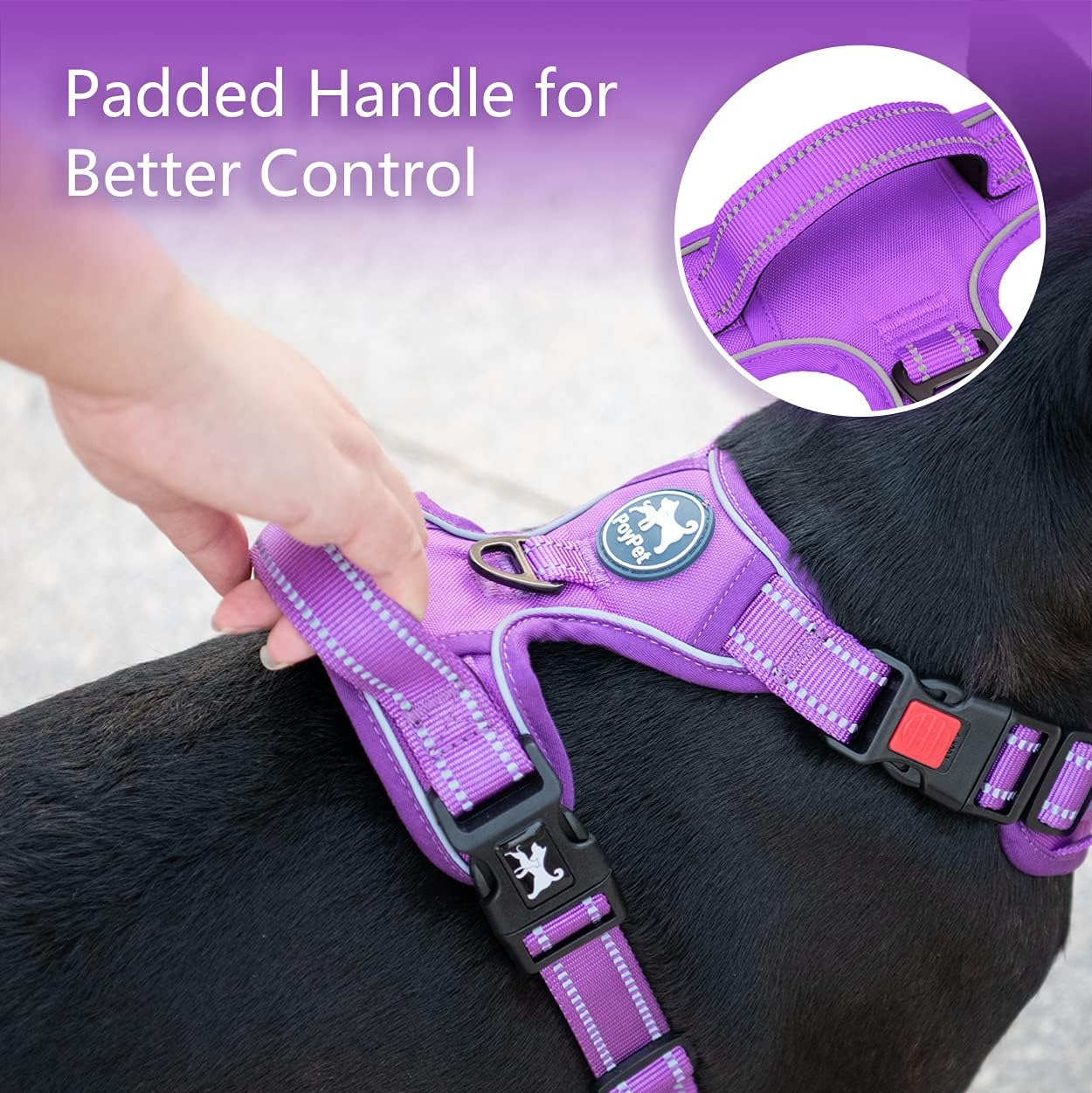 Detalle de PoyPet No Pull Dog Harness (Purple, Size M) – Reflective, Soft & Adjustable