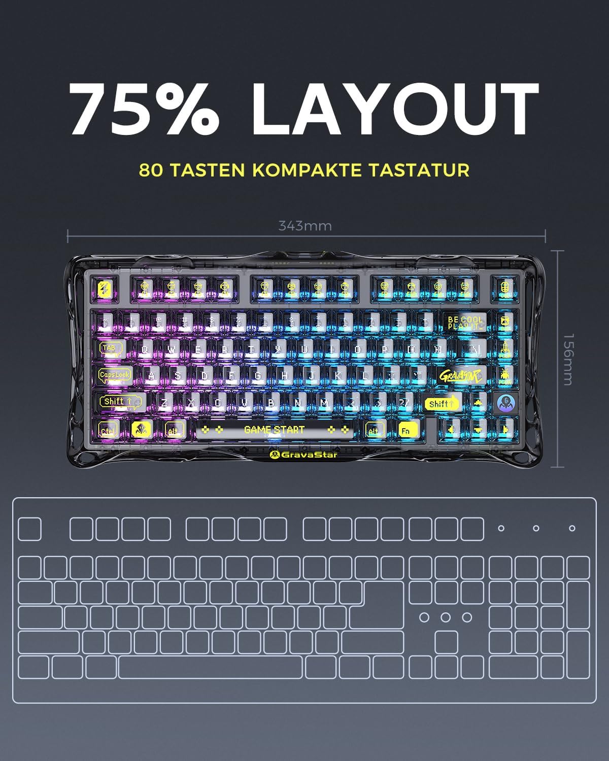 Detalle de GravaStar Mercury K1 Lite 75% Gaming-Tastatur (Hot Swap, RGB, BT 5.0/2,4 GHz, USB-C) – QWERTY