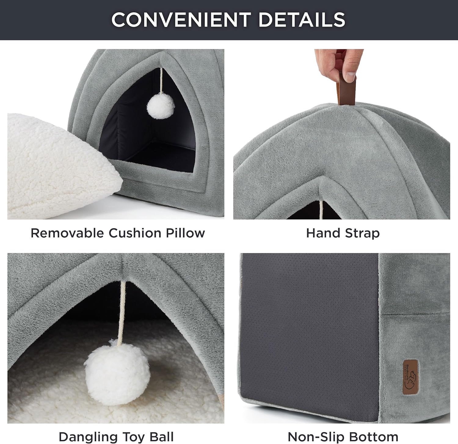 Detalle de Bedsure Cat Cave Bed Indoor with Flannel Hooded Igloo House (Grey) – 40x40x40cm foldable cat tent