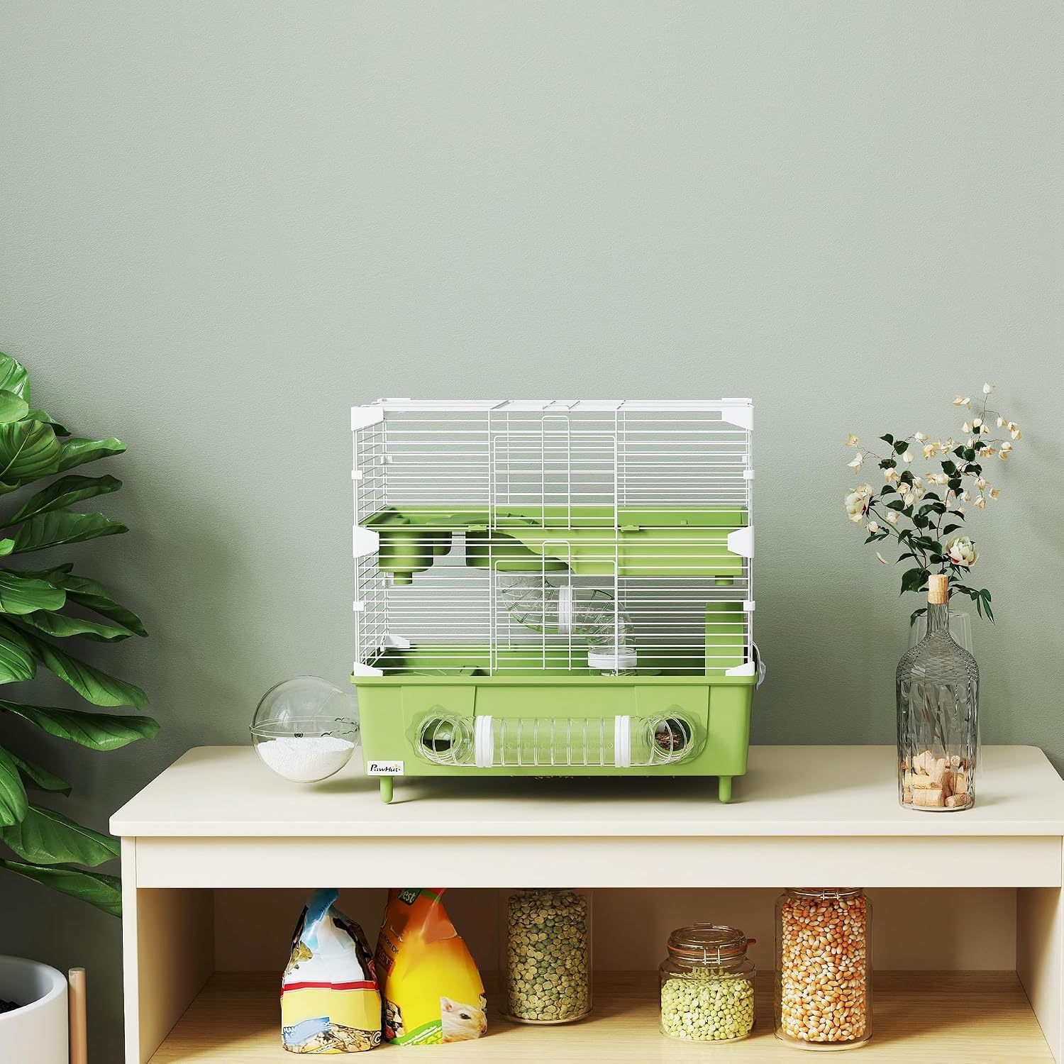 Detalle 2 de PawHut Cage pour Hamster à 2 Niveaux avec roue de course et salle de bain en sable, 44,5 x 28 x 44 cm, vert