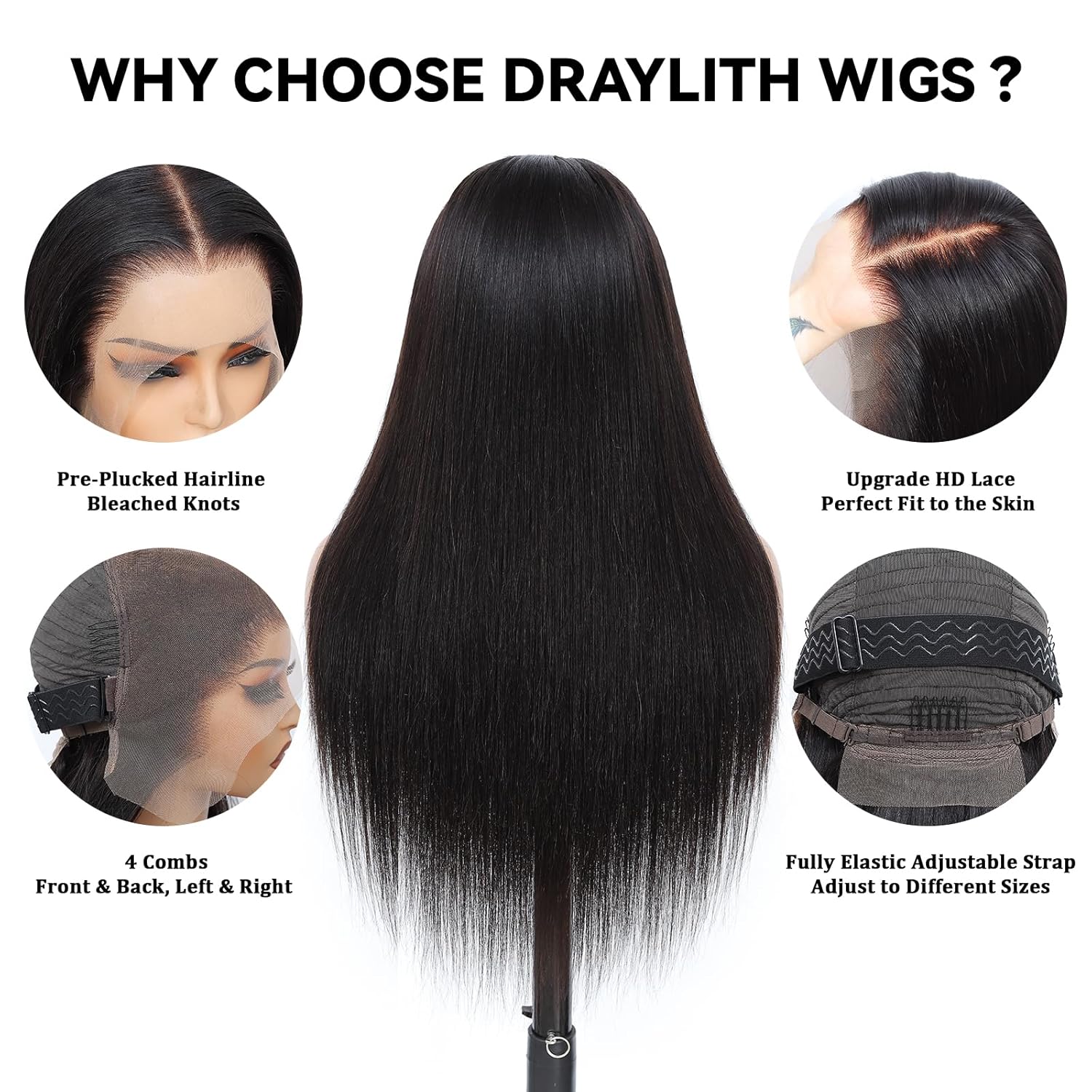 Detalle de Draylith 30 Inch 13x6 HD Lace Front Human Hair Wig, 200 Density, Glueless & Pre-Plucked
