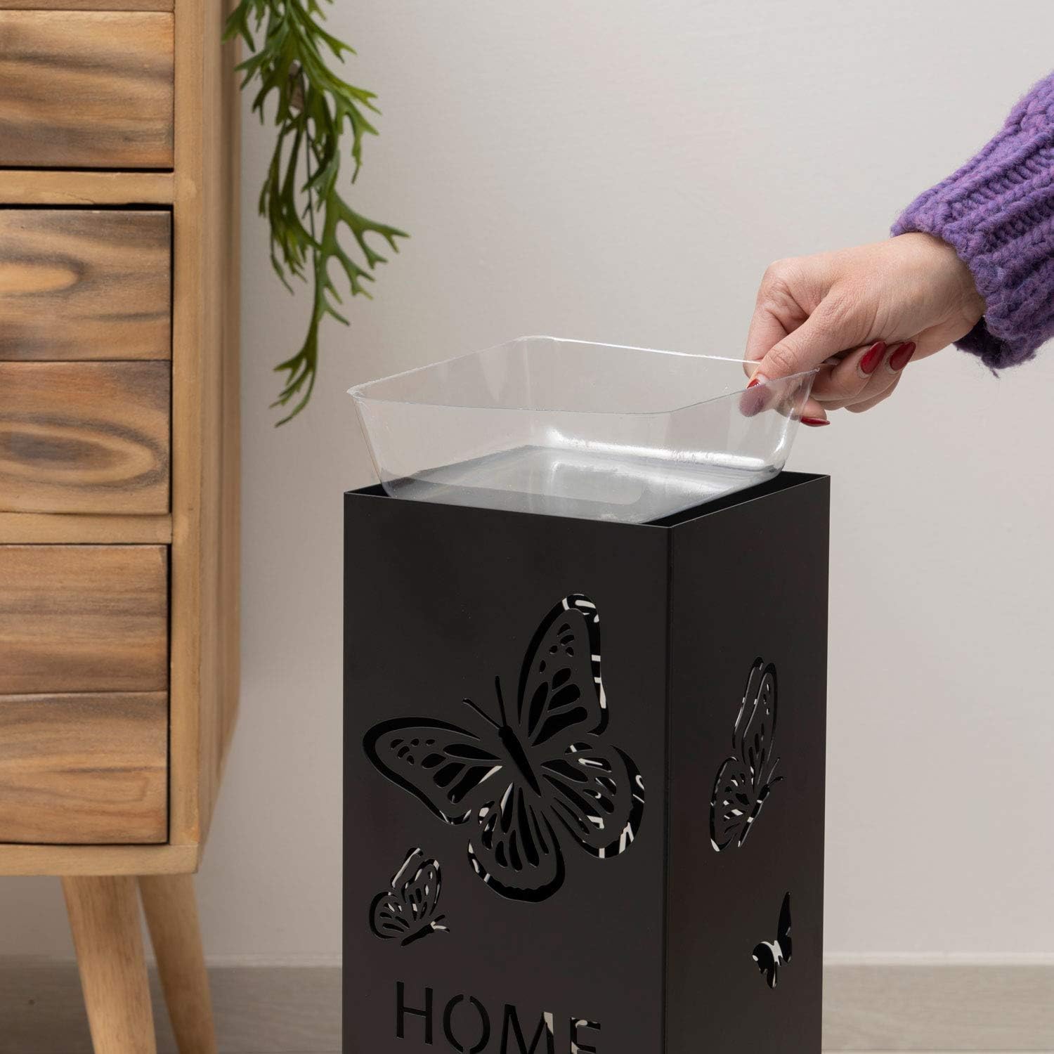 Detalle de Baroni Home Porte-Parapluie en Métal Carré – Style Moderne avec Sweet Home et Papillons, Noir, 49 x 15,5 x 15,5 cm