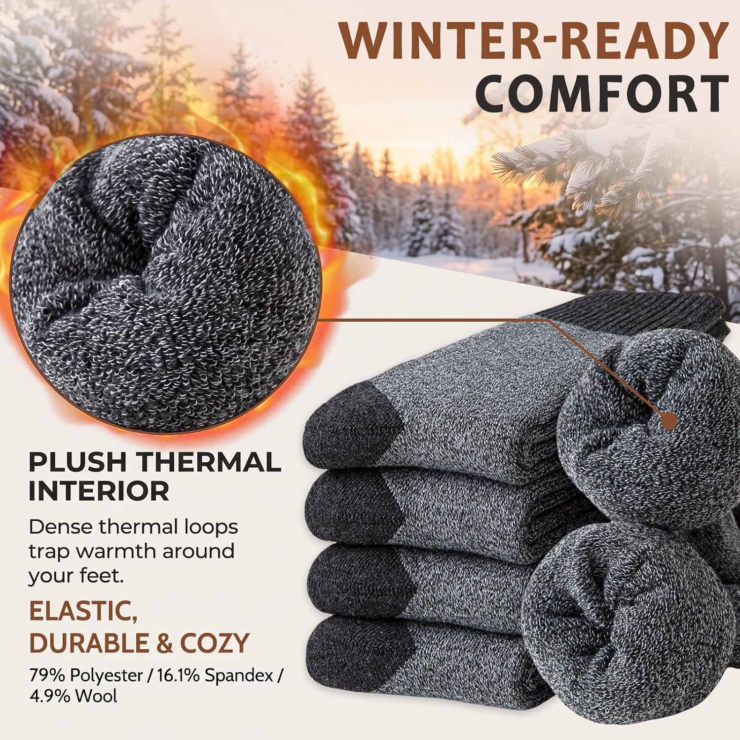 Detalle 2 de Josnown Men's Winter Thermal Crew Socks, 5 Pairs, Full Terry Cushioning