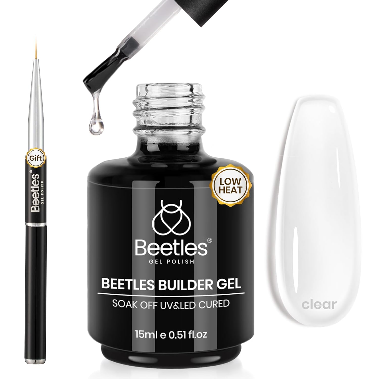 Beetles Builder Gel Low Heat Clear Builder Gel with Nail Brush for Apex & Strengthening