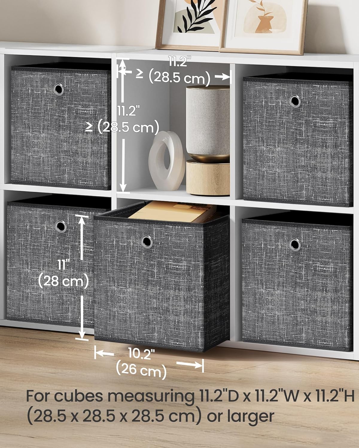Detalle de SONGMICS Storage Boxes Set of 6: Non-Woven Fabric Cube Boxes with Handles, 26 x 26 x 28 cm (Heathered Black) RFB026B01