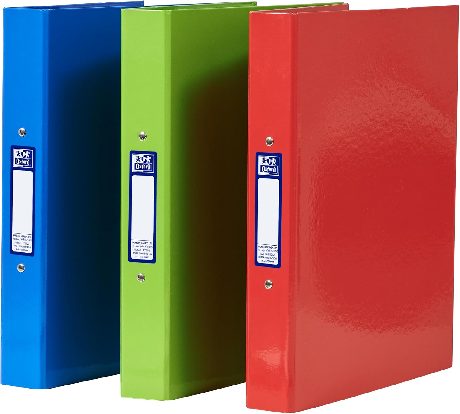Oxford Ringbuch A4, 4 cm Rücken, 2‑Ring, Mixfarben (Rot/Grün/Blau) – 3 Stück