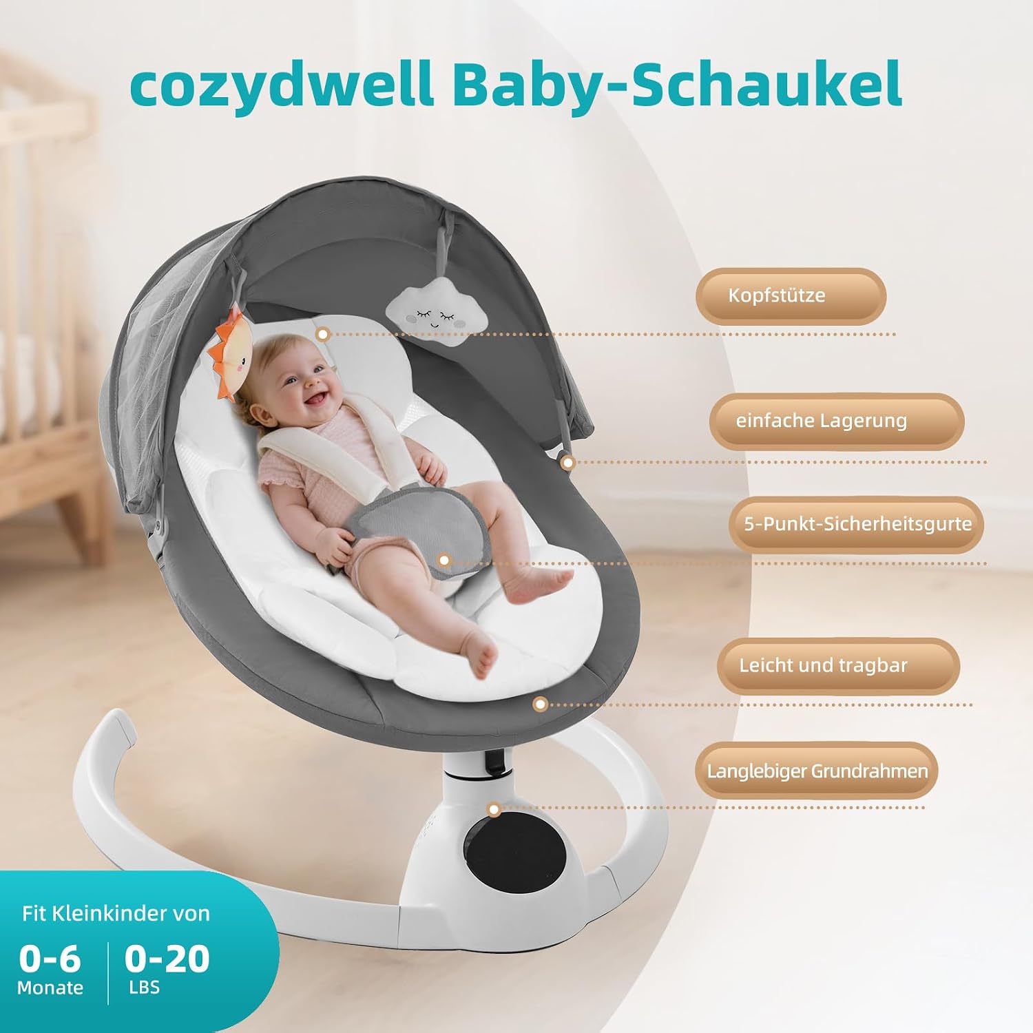 Thumbnail 4 de Babywippe Elektrisch Neugeborene bis 9 kg | Klappbar, Bluetooth, Fernbedienung