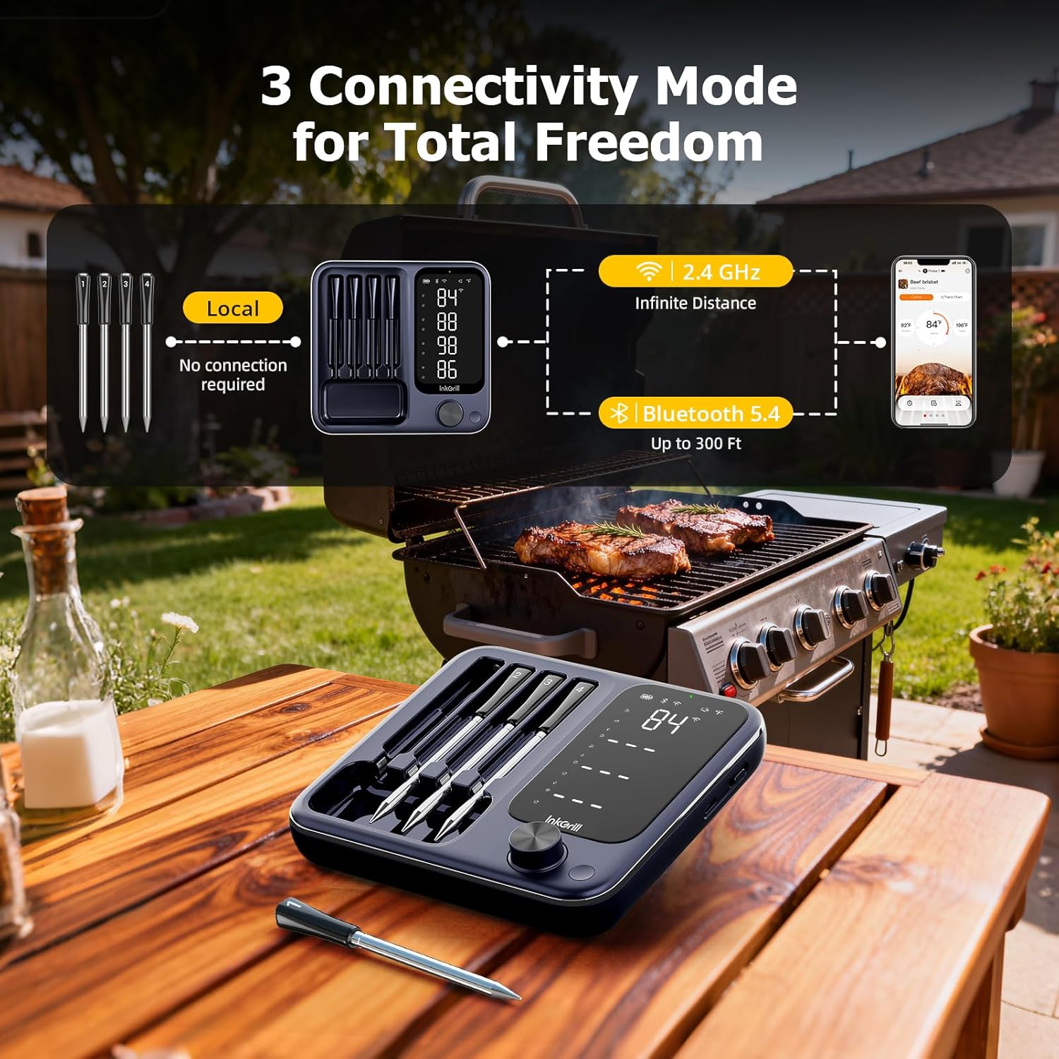 Thumbnail 1 de InkGrill Wireless Meat Thermometer with APP Control — 4 Probes, Dual-Sensor Probes, IP67, and Magnetic Base