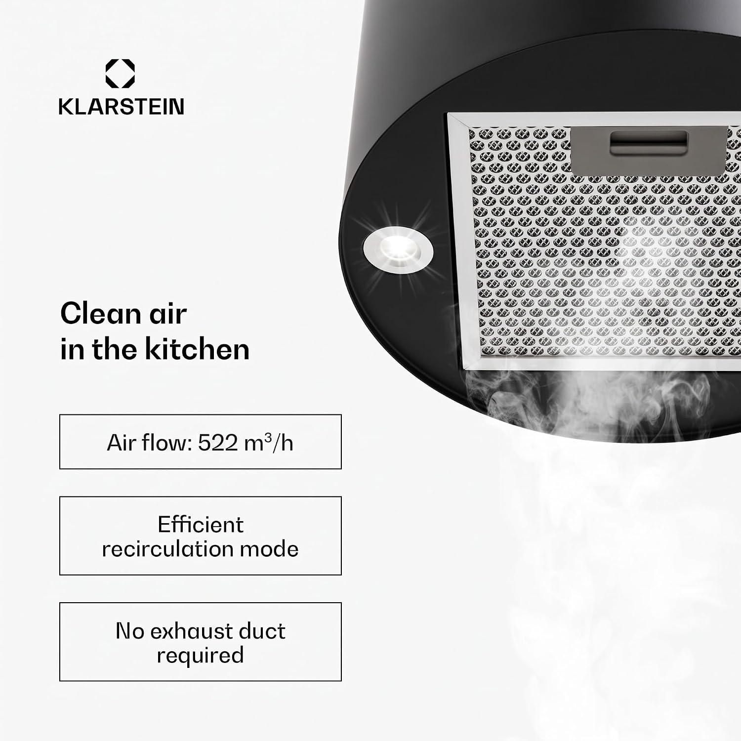 Detalle de Klarstein Barett 10032303 köksfläkt för köksö, LED och tre hastigheter