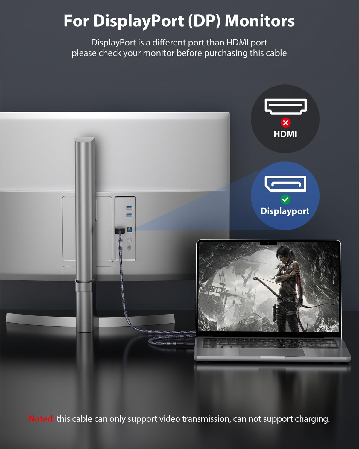Detalle 2 de Maxonar USB‑C DisplayPort Kabel 1.4 – 8K/60Hz bis 2K@240Hz, Thunderbolt 3/4 zu DP 1.4