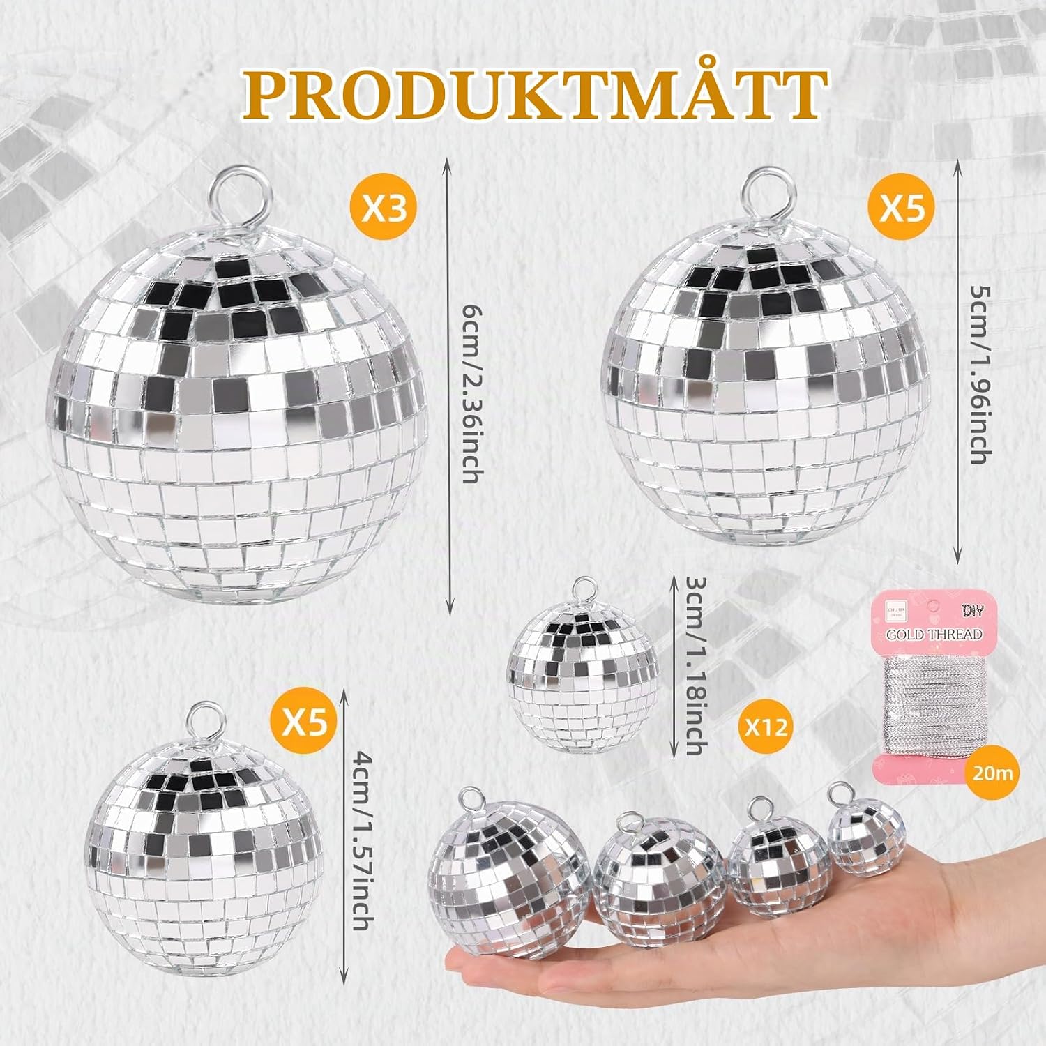 Detalle de Connextion discokulor, 25 minikulor i fyra storlekar med 20 m snöre