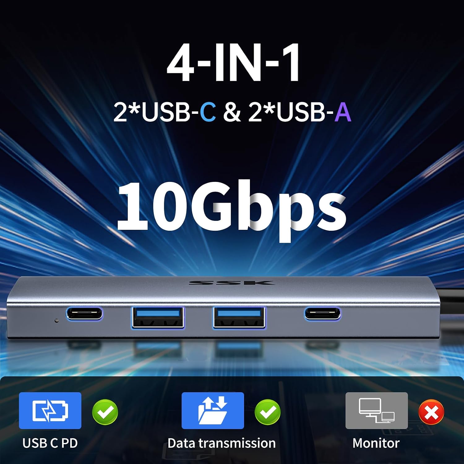 Detalle de SSK Hub USB‑C 4 en 1 10 Gbps — station d’accueil compacte pour Mac et PC
