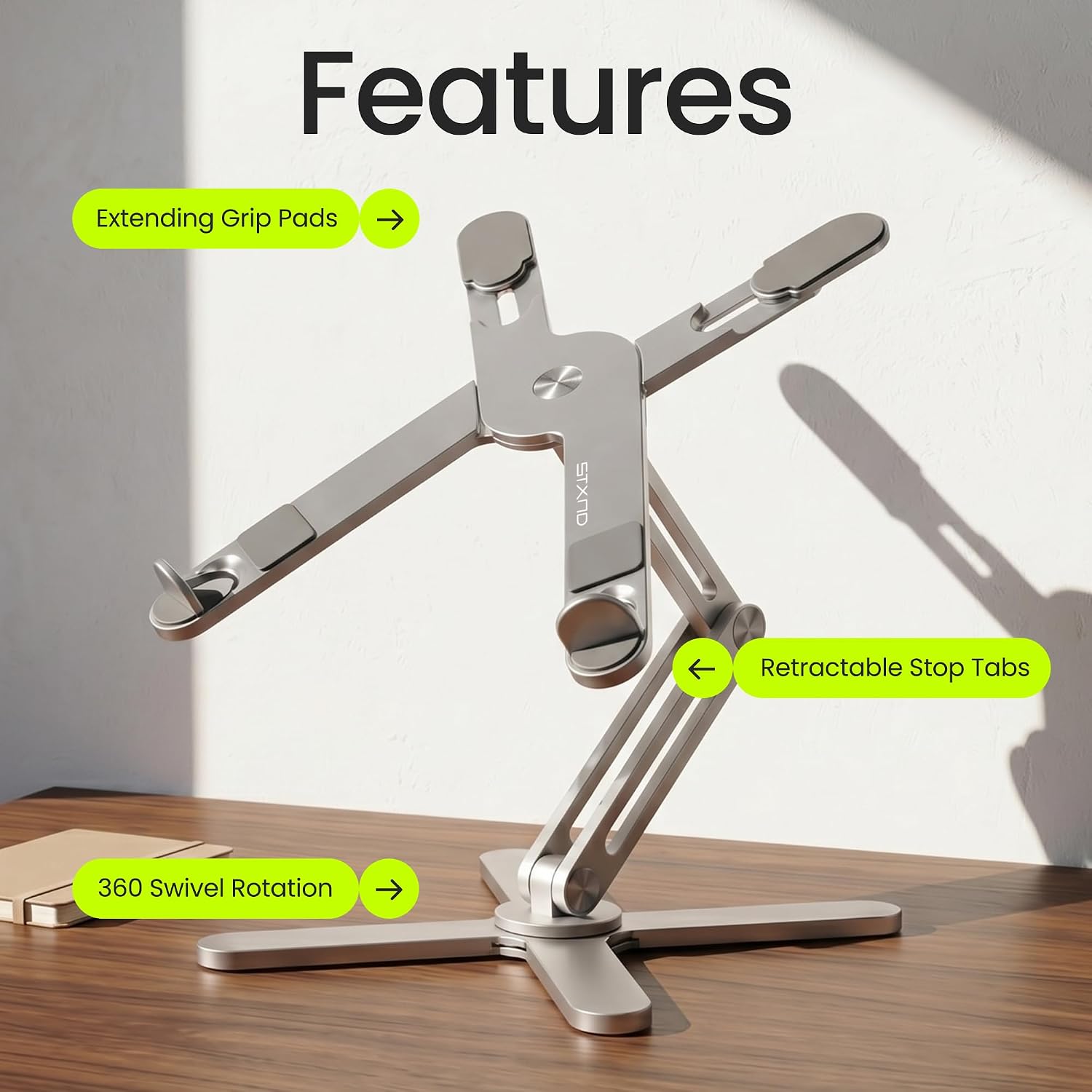 Detalle de STXND Model-X 2.0 Adjustable Laptop Stand, 360° Swivel, Foldable Aluminum