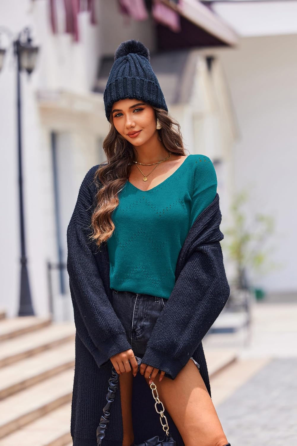 Detalle de Zeagoo Suéter de Punto Elegante para Mujer Cuello en V S-XXL