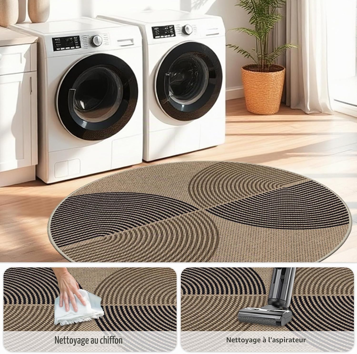 Detalle de Capslpad rond vloerkleed 160 cm, jute-look, zwart-bruin, antislip en wasbaar