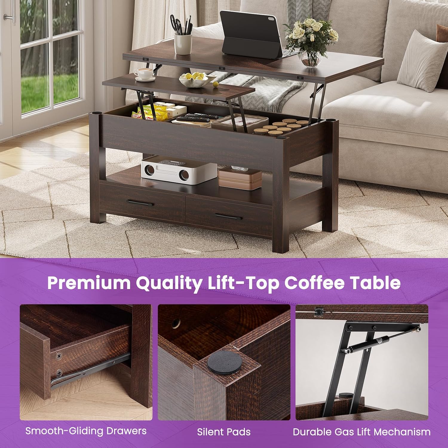 Thumbnail 4 de DUMOS Convertible Lift-Top Coffee Table 39.4-inch