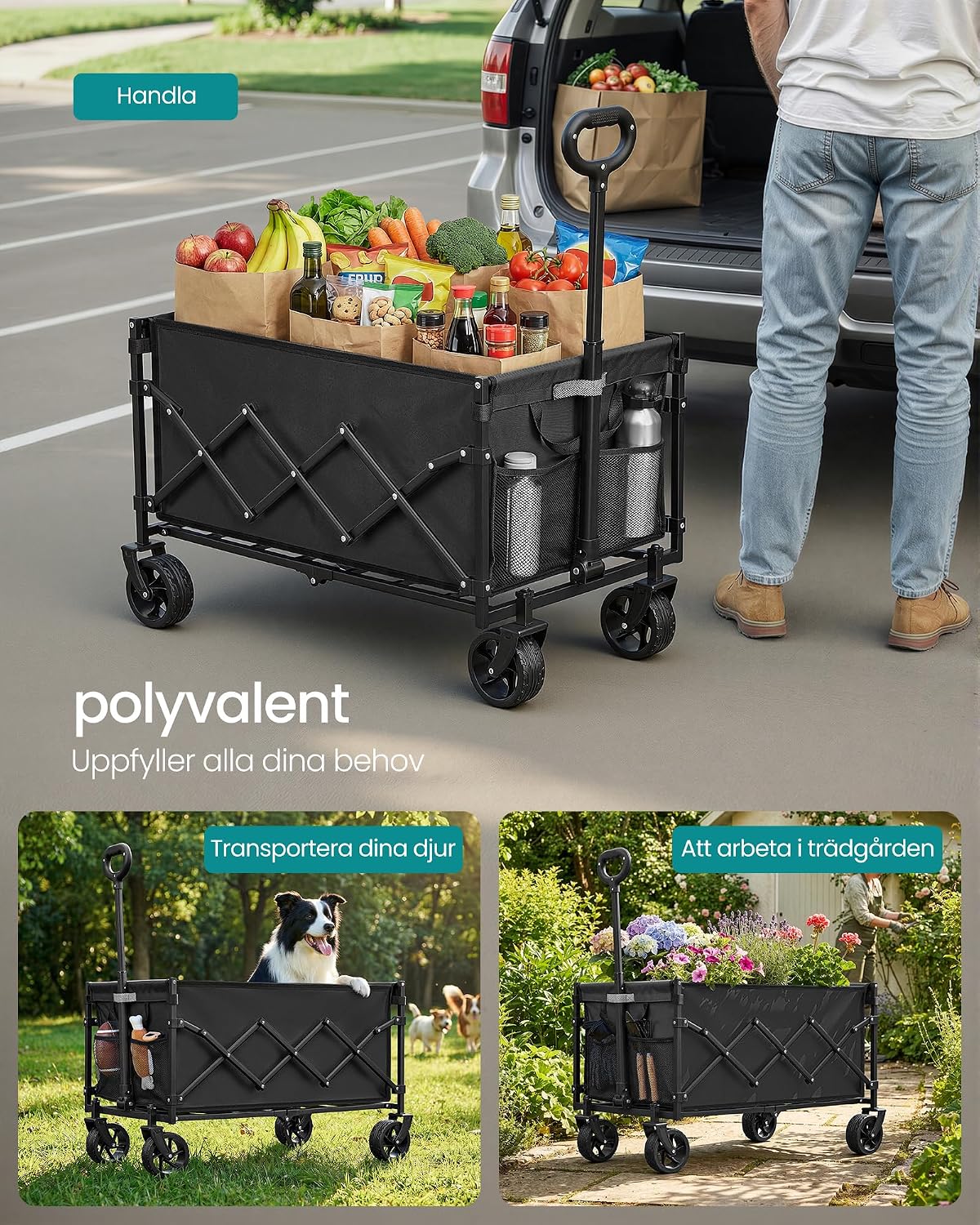 Detalle de SONGMICS GFW150BH01 hopfällbar handkärra, 150 liter och fyra hjul