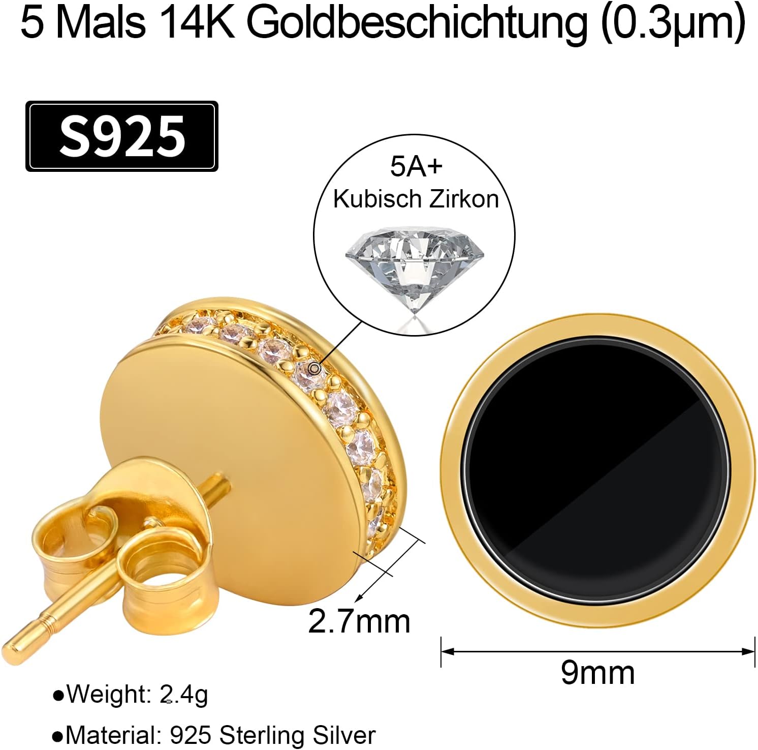 Thumbnail 1 de VEXXS Ohrringe Herren Silber 925 – 14K Gold/Weißgoldbeschichtung, 5A Zirkonia, hypoallergen